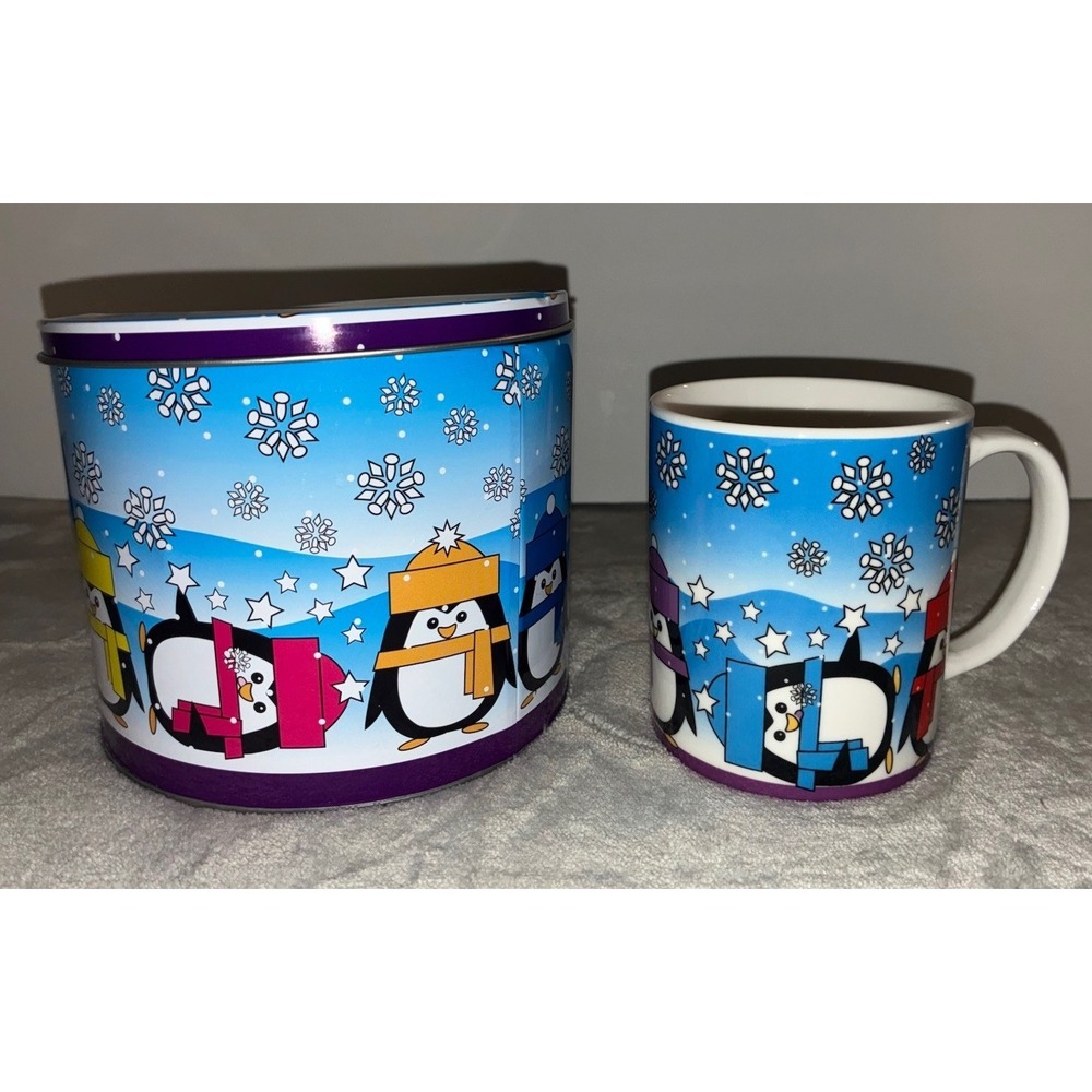 Penguins Snowflakes Mug Coffee Cup Cookie Tin Can Gift Set Colorful NEW